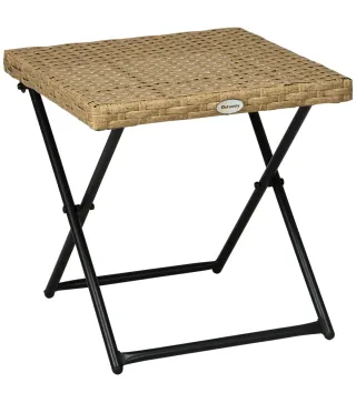 Mesa de Terraza Exterior de Ratán PE Plegable con Patas Cruzadas y Marco de Acero para Patio Balcón 40x40x40 cm Natural