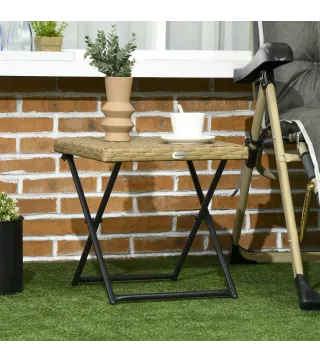 Mesa de Terraza Exterior de Ratán PE Plegable con Patas Cruzadas y Marco de Acero para Patio Balcón 40x40x40 cm Natural