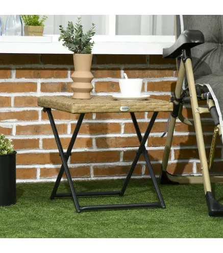 Mesa de Terraza Exterior de Ratán PE Plegable con Patas Cruzadas y Marco de Acero para Patio Balcón 40x40x40 cm Natural