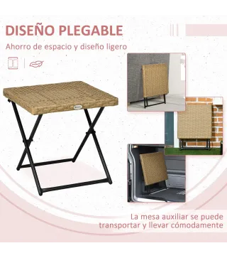 Mesa de Terraza Exterior de Ratán PE Plegable con Patas Cruzadas y Marco de Acero para Patio Balcón 40x40x40 cm Natural