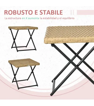 Mesa de Terraza Exterior de Ratán PE Plegable con Patas Cruzadas y Marco de Acero para Patio Balcón 40x40x40 cm Natural
