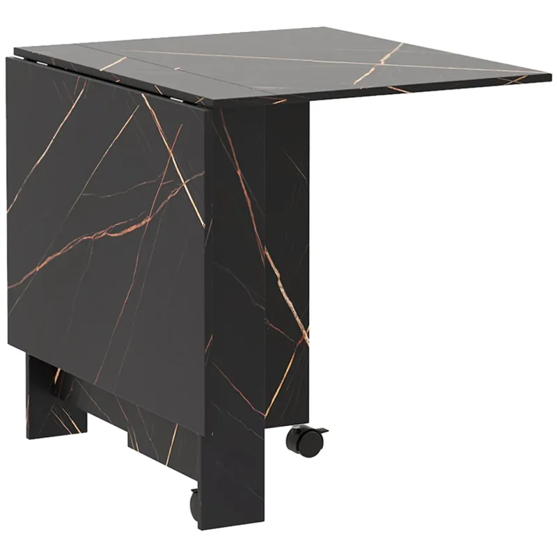 Mesa de Comedor Plegable con Ruedas y 2 Alas Abatibles Hasta 6 Personas Acabado Mármol 120x80x73 cm Negro