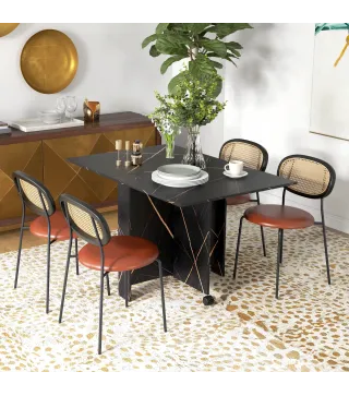 Mesa de Comedor Plegable con Ruedas y 2 Alas Abatibles Hasta 6 Personas Acabado Mármol 120x80x73 cm Negro