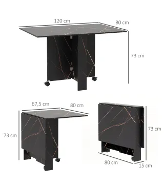 Mesa de Comedor Plegable con Ruedas y 2 Alas Abatibles Hasta 6 Personas Acabado Mármol 120x80x73 cm Negro