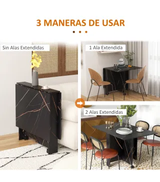 Mesa de Comedor Plegable con Ruedas y 2 Alas Abatibles Hasta 6 Personas Acabado Mármol 120x80x73 cm Negro