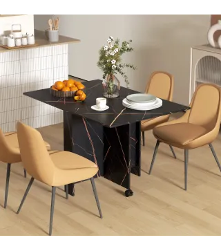 Mesa de Comedor Plegable con Ruedas y 2 Alas Abatibles Hasta 6 Personas Acabado Mármol 120x80x73 cm Negro