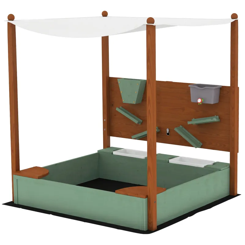Arenero para Niños de Madera con Techo Arenero Infantil con 2 Asientos 2 Cajas Grifo Embudo 116x112,5x128 cm Verde