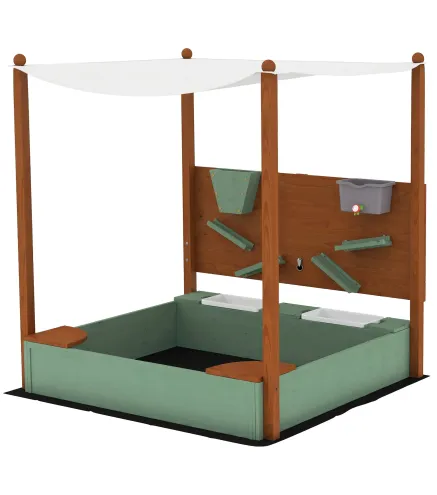 Arenero para Niños de Madera con Techo Arenero Infantil con 2 Asientos 2 Cajas Grifo Embudo 116x112,5x128 cm Verde