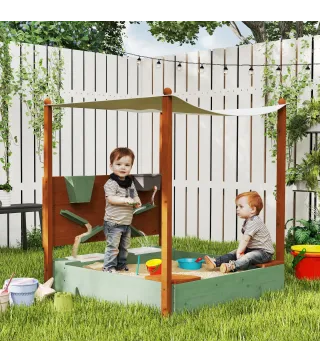 Arenero para Niños de Madera con Techo Arenero Infantil con 2 Asientos 2 Cajas Grifo Embudo 116x112,5x128 cm Verde