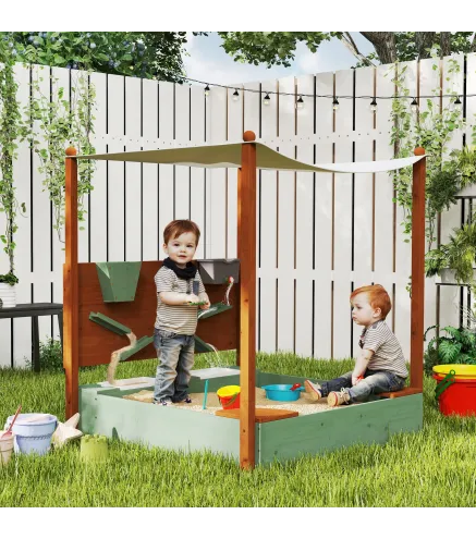 Arenero para Niños de Madera con Techo Arenero Infantil con 2 Asientos 2 Cajas Grifo Embudo 116x112,5x128 cm Verde