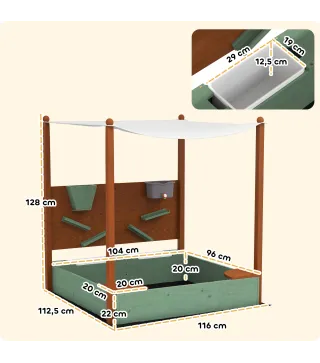 Arenero para Niños de Madera con Techo Arenero Infantil con 2 Asientos 2 Cajas Grifo Embudo 116x112,5x128 cm Verde