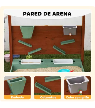 Arenero para Niños de Madera con Techo Arenero Infantil con 2 Asientos 2 Cajas Grifo Embudo 116x112,5x128 cm Verde