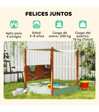Arenero para Niños de Madera con Techo Arenero Infantil con 2 Asientos 2 Cajas Grifo Embudo 116x112,5x128 cm Verde