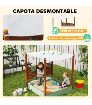Arenero para Niños de Madera con Techo Arenero Infantil con 2 Asientos 2 Cajas Grifo Embudo 116x112,5x128 cm Verde