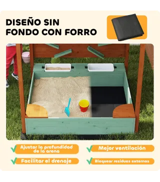 Arenero para Niños de Madera con Techo Arenero Infantil con 2 Asientos 2 Cajas Grifo Embudo 116x112,5x128 cm Verde