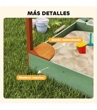 Arenero para Niños de Madera con Techo Arenero Infantil con 2 Asientos 2 Cajas Grifo Embudo 116x112,5x128 cm Verde