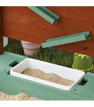 Arenero para Niños de Madera con Techo Arenero Infantil con 2 Asientos 2 Cajas Grifo Embudo 116x112,5x128 cm Verde