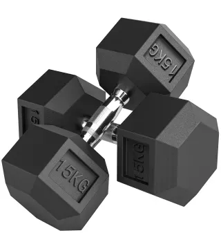 Set de 2 Mancuernas Hexagonales de 2 x 15 kg de Hierro Fundido Recubiertas en Goma para Entrenamiento en Casa Gimnasio