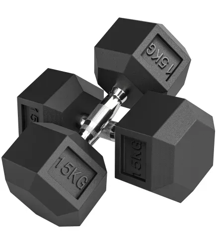 Set de 2 Mancuernas Hexagonales de 2 x 15 kg de Hierro Fundido Recubiertas en Goma para Entrenamiento en Casa Gimnasio