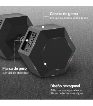 Set de 2 Mancuernas Hexagonales de 2 x 15 kg de Hierro Fundido Recubiertas en Goma para Entrenamiento en Casa Gimnasio