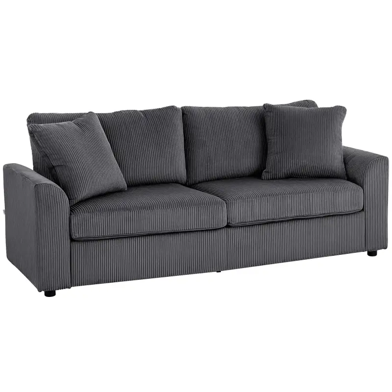 Sofá de 3 Plazas Tapizado en Pana con 2 Almohadas Reposabrazos y Cojín de Muelles 212x80x88 cm Gris Oscuro