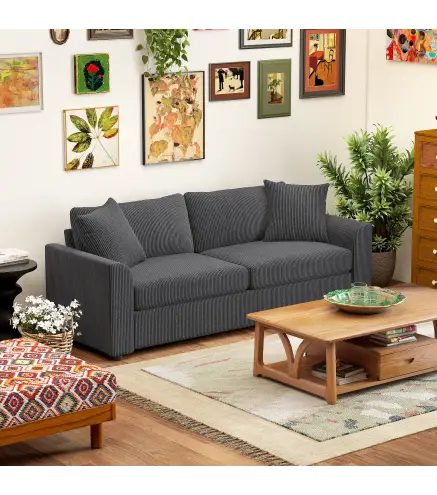 Sofá de 3 Plazas Tapizado en Pana con 2 Almohadas Reposabrazos y Cojín de Muelles 212x80x88 cm Gris Oscuro