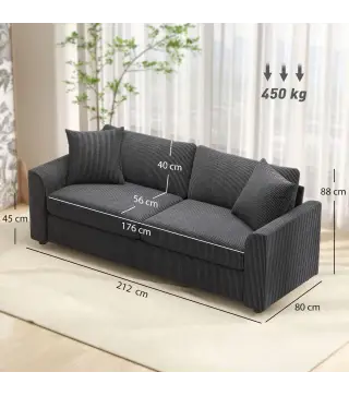 Sofá de 3 Plazas Tapizado en Pana con 2 Almohadas Reposabrazos y Cojín de Muelles 212x80x88 cm Gris Oscuro