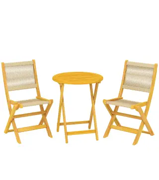 Conjunto de Jardín de 3 Piezas de Madera con 2 Sillas Plegables y Mesa Redonda para Patio Balcón Natural