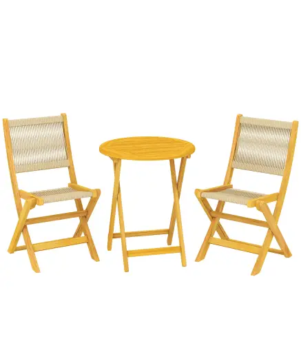 Conjunto de Jardín de 3 Piezas de Madera con 2 Sillas Plegables y Mesa Redonda para Patio Balcón Natural
