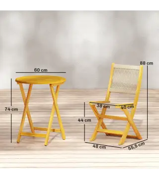 Conjunto de Jardín de 3 Piezas de Madera con 2 Sillas Plegables y Mesa Redonda para Patio Balcón Natural