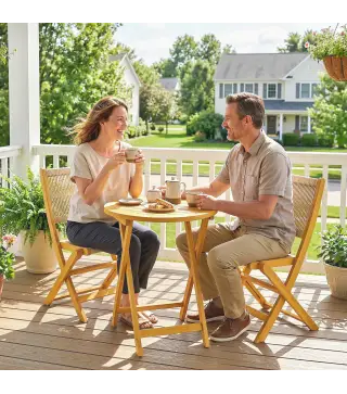 Conjunto de Jardín de 3 Piezas de Madera con 2 Sillas Plegables y Mesa Redonda para Patio Balcón Natural