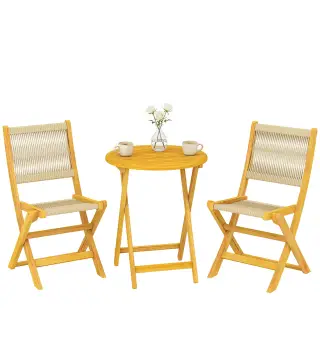 Conjunto de Jardín de 3 Piezas de Madera con 2 Sillas Plegables y Mesa Redonda para Patio Balcón Natural