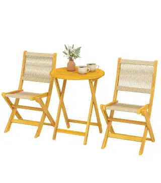 Conjunto de Jardín de 3 Piezas de Madera con 2 Sillas Plegables y Mesa Redonda para Patio Balcón Natural