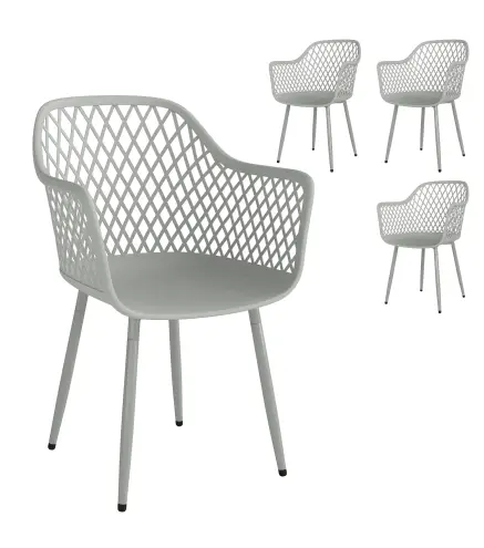 Juego de 4 Sillas de Jardín Exterior de PP con Respaldo Diamante Asiento Anti-UV Reposabrazos y Patas Metálicas Gris