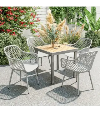 Juego de 4 Sillas de Jardín Exterior de PP con Respaldo Diamante Asiento Anti-UV Reposabrazos y Patas Metálicas Gris