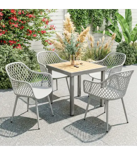 Juego de 4 Sillas de Jardín Exterior de PP con Respaldo Diamante Asiento Anti-UV Reposabrazos y Patas Metálicas Gris