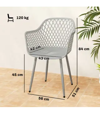 Juego de 4 Sillas de Jardín Exterior de PP con Respaldo Diamante Asiento Anti-UV Reposabrazos y Patas Metálicas Gris