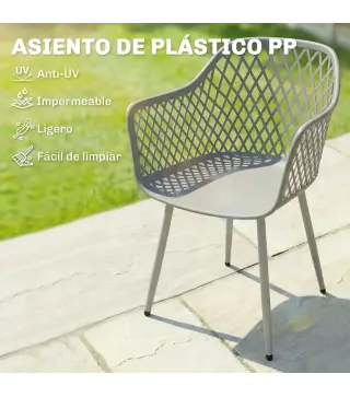 Juego de 4 Sillas de Jardín Exterior de PP con Respaldo Diamante Asiento Anti-UV Reposabrazos y Patas Metálicas Gris