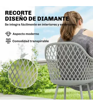 Juego de 4 Sillas de Jardín Exterior de PP con Respaldo Diamante Asiento Anti-UV Reposabrazos y Patas Metálicas Gris