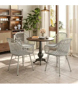 Juego de 4 Sillas de Jardín Exterior de PP con Respaldo Diamante Asiento Anti-UV Reposabrazos y Patas Metálicas Gris