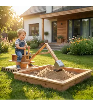 Arenero para Niños de Madera con Excavadora Arenero Infantil con Asiento Giratorio 360° y Forro 184x90x56 cm Natural