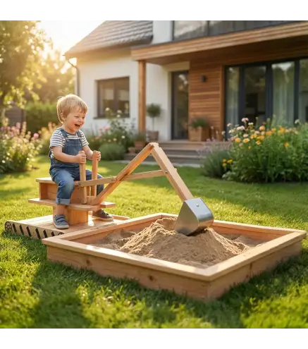 Arenero para Niños de Madera con Excavadora Arenero Infantil con Asiento Giratorio 360° y Forro 184x90x56 cm Natural