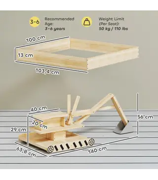 Arenero para Niños de Madera con Excavadora Arenero Infantil con Asiento Giratorio 360° y Forro 184x90x56 cm Natural