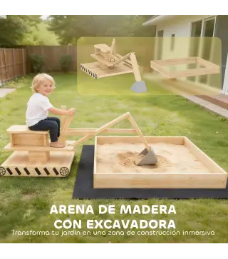 Arenero para Niños de Madera con Excavadora Arenero Infantil con Asiento Giratorio 360° y Forro 184x90x56 cm Natural