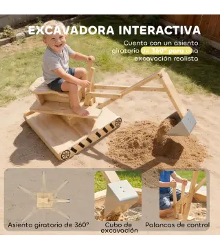 Arenero para Niños de Madera con Excavadora Arenero Infantil con Asiento Giratorio 360° y Forro 184x90x56 cm Natural