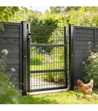 Puerta de Jardín 100 x 131 cm Puerta de Valla de Metal Galvanizado con Cerradura Llaves Manilla y 2 Postes Gris Oscuro