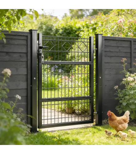 Puerta de Jardín 100 x 131 cm Puerta de Valla de Metal Galvanizado con Cerradura Llaves Manilla y 2 Postes Gris Oscuro