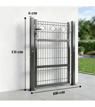Puerta de Jardín 100 x 131 cm Puerta de Valla de Metal Galvanizado con Cerradura Llaves Manilla y 2 Postes Gris Oscuro