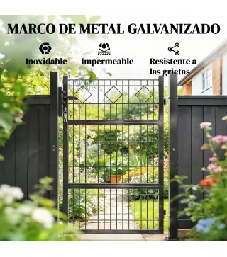 Puerta de Jardín 100 x 131 cm Puerta de Valla de Metal Galvanizado con Cerradura Llaves Manilla y 2 Postes Gris Oscuro