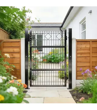 Puerta de Jardín 100 x 131 cm Puerta de Valla de Metal Galvanizado con Cerradura Llaves Manilla y 2 Postes Gris Oscuro